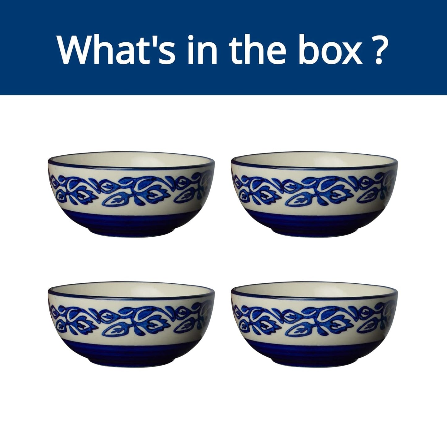 Hand-Painted Floral Glossy Blue & White Ceramic Bowl Set of 4 (150ml)