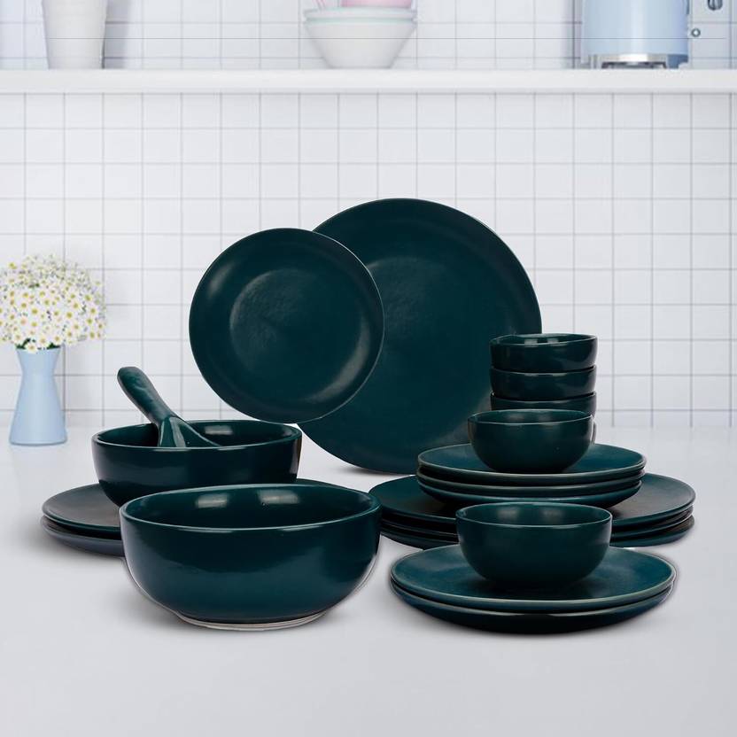Pack of 21 Ceramic Dinner Set (Green, Microwave Safe)