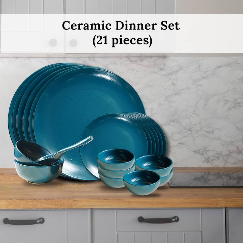 Pack of 21 Ceramic Dinner Set (Green, Microwave Safe)
