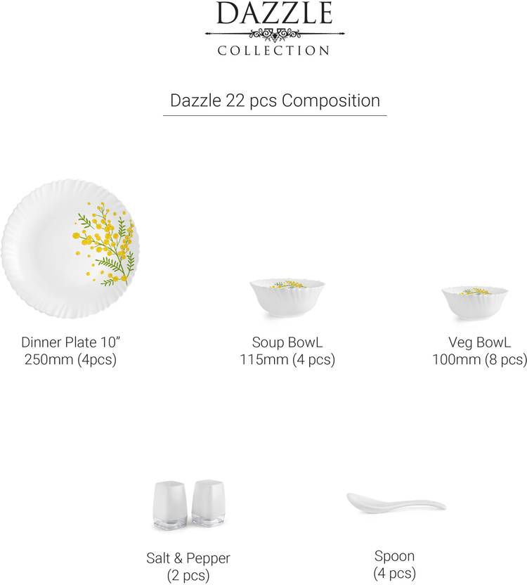 cello Pack of 22 Opalware Dazzle Series Girasol Crockery Set | Dishwasher Safe | Light-Weight Dinner Set (Yellow, Green, Microwave Safe)