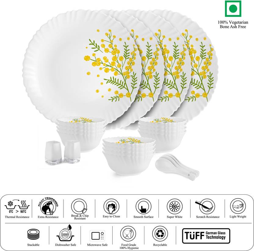 cello Pack of 22 Opalware Dazzle Series Girasol Crockery Set | Dishwasher Safe | Light-Weight Dinner Set (Yellow, Green, Microwave Safe)
