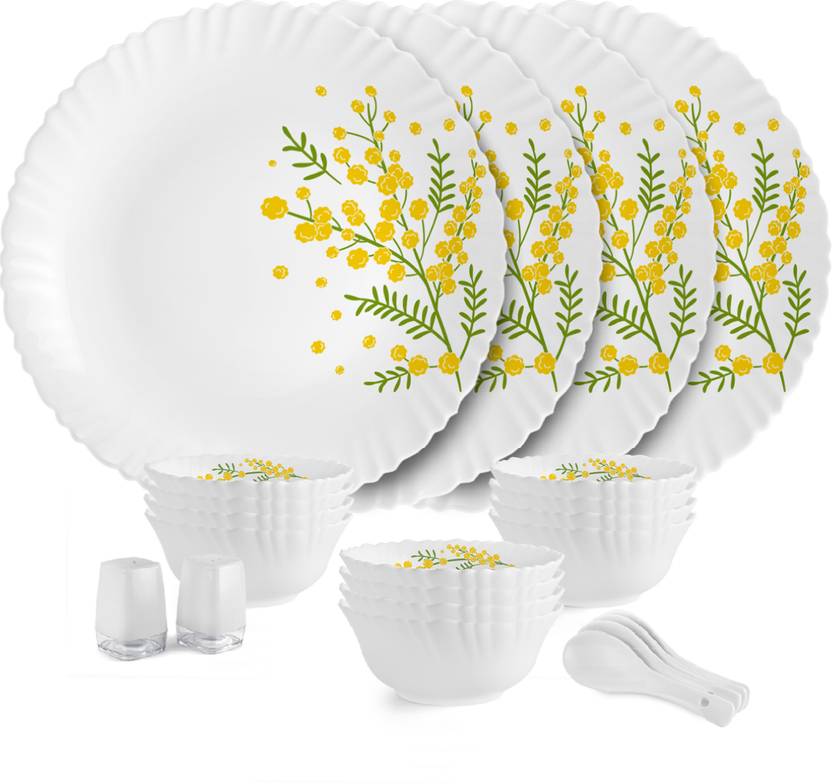 cello Pack of 22 Opalware Dazzle Series Girasol Crockery Set | Dishwasher Safe | Light-Weight Dinner Set (Yellow, Green, Microwave Safe)