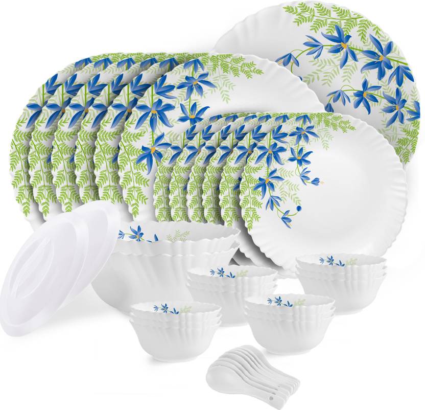 cello Pack of 34 Opalware Dazzle Series Blue Primrose Dinner Set (Green, Blue, Microwave Safe)