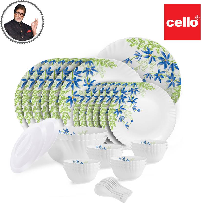 cello Pack of 34 Opalware Dazzle Series Blue Primrose Dinner Set (Green, Blue, Microwave Safe)