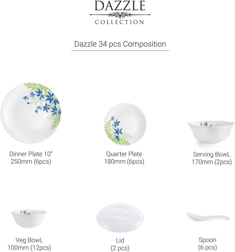 cello Pack of 34 Opalware Dazzle Series Blue Primrose Dinner Set (Green, Blue, Microwave Safe)