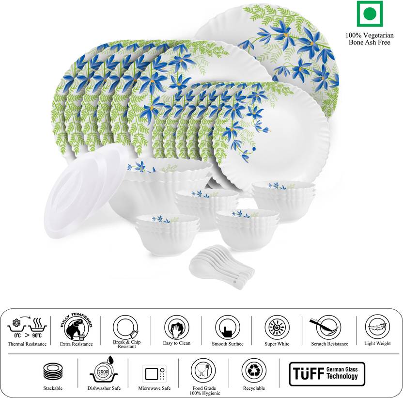 cello Pack of 34 Opalware Dazzle Series Blue Primrose Dinner Set (Green, Blue, Microwave Safe)