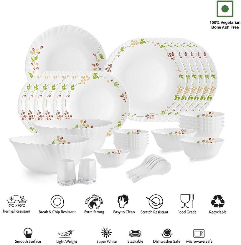 cello Pack of 35 Opalware Dazzle Secret Garden Dinner Set (White, Microwave Safe)