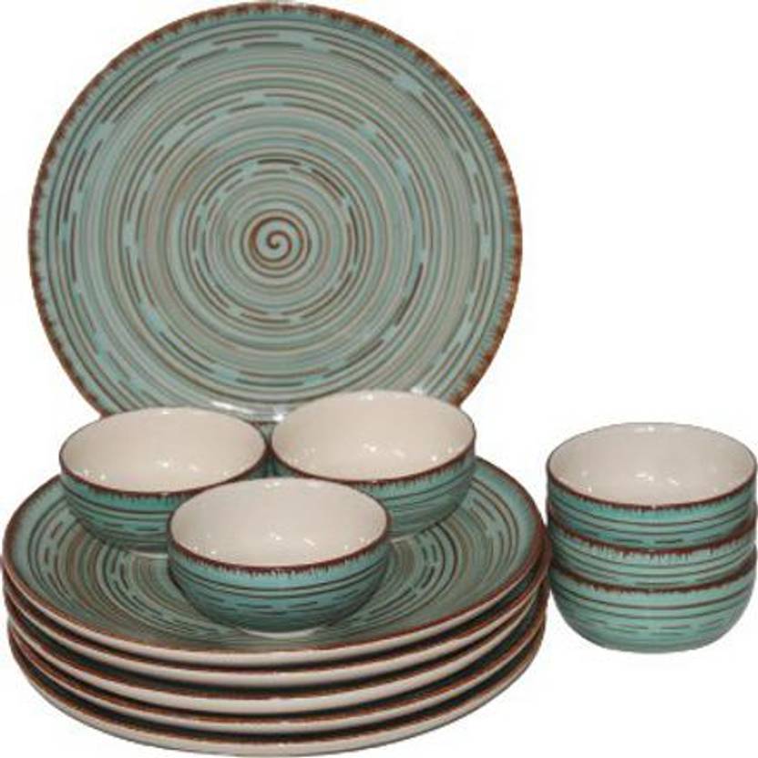 Pack of 12 Ceramic Hand Made Pasco Design 6 Dinner Plate, 6 Bowl Microwave & Dishwasher Safe Dinner Set (Green, Brown, Microwave Safe)