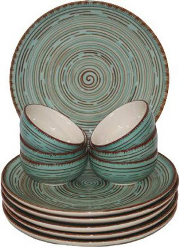 Pack of 12 Ceramic Hand Made Pasco Design 6 Dinner Plate, 6 Bowl Microwave & Dishwasher Safe Dinner Set (Green, Brown, Microwave Safe)