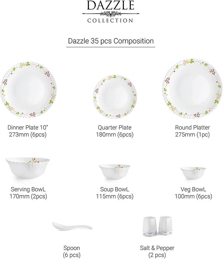 cello Pack of 35 Opalware Dazzle Secret Garden Dinner Set (White, Microwave Safe)