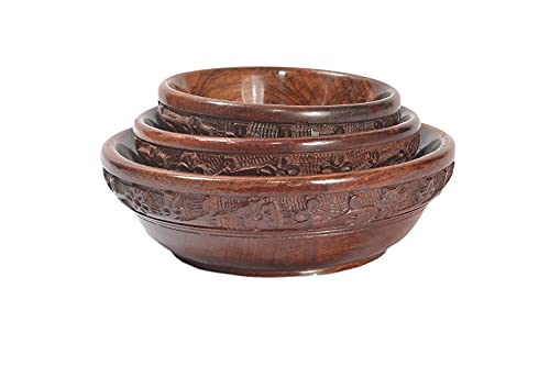 Handcrafted nested wooden bowls (set of 3)with intricate carvings,