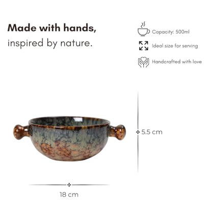 Ceramic Snack Bowl with Handle, 19 cm| Matte Finish, Set of 2 (Abstract Brown, 450 ml)