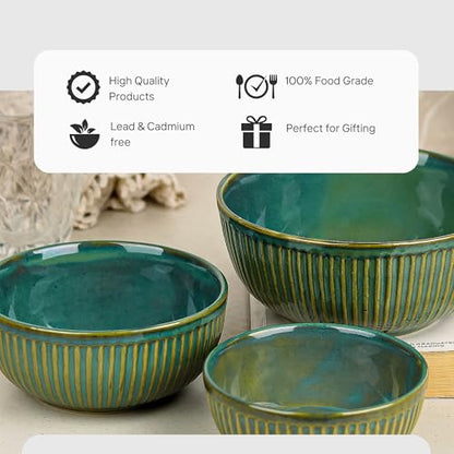 Glam Green Ceramic Bowl Set - Set of 3 | Includes 850 ML, 500 ML, 250 ML Bowls