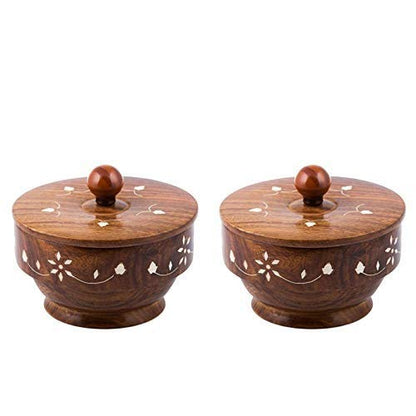 Set of 2 Handcrafted Sheesham wooden bowls with lids | Serving Bowl for Salad Snacks Decorated Tableware