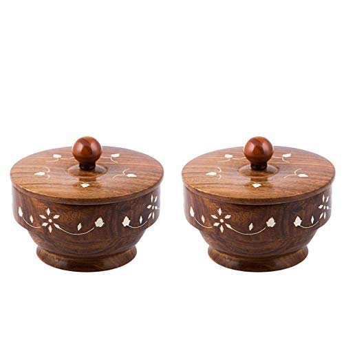 Set of 2 Handcrafted Sheesham wooden bowls with lids | Serving Bowl for Salad Snacks Decorated Tableware
