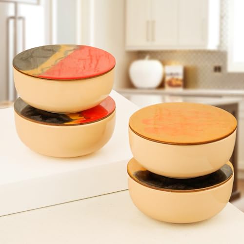 4 Set Ceramic Bowl (500ml) with Multipurpose Uses Lid, Coaster | Dishwasher & Microwave Safe | Ideal for Rice, Dal, Fruits, Salad, Snack Bowl | Mixing Bowl