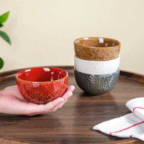 Ceramic Bowl | Dishwasher & Microwave Safe Bowl Set of 4, Leaf Embossed Design Serving Bowl Set (Multicolor - 250ml)