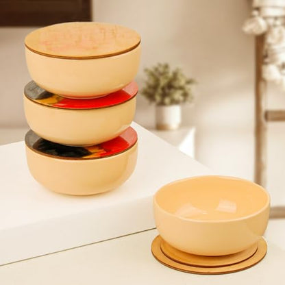 4 Set Ceramic Bowl (500ml) with Multipurpose Uses Lid, Coaster | Dishwasher & Microwave Safe | Ideal for Rice, Dal, Fruits, Salad, Snack Bowl | Mixing Bowl