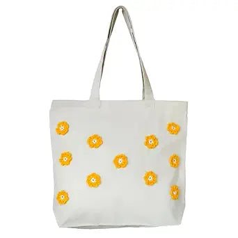 Roundsun Eco-Friendly Crochet Design Canvas Horizontal Tote Bag | Main YKK Closer | Inner Pocket With Zip Clouser | 300 GSM Cloth | Handmade