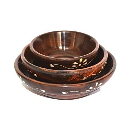 Handcrafted Wooden Nesting Bowl with Floral Carvings, Brown, Set of 3 for Salad, Pasta, Fruit - Dimensions Big 15 cm, Medium 12 cm, Small 10 cm, Depth- 5 cm.