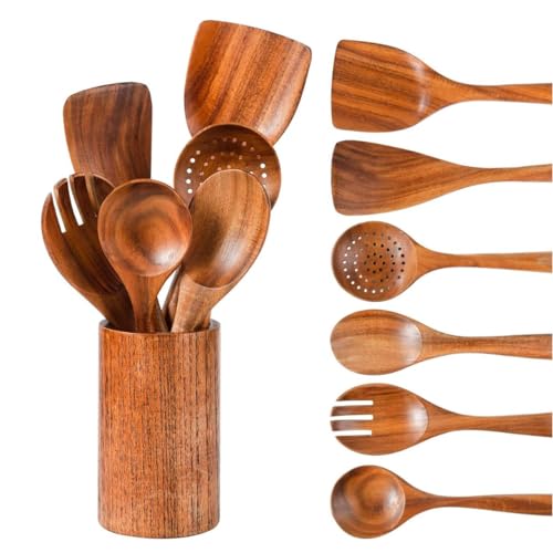 Wooden kitchenware spoon set for cooking (6 spoons, 1 jar)