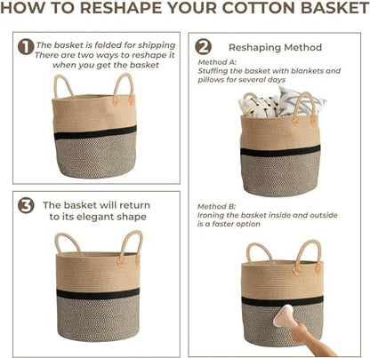 Jute Cotton Laundry Basket, 16 inch Handcrafted Storage Bag for Home, Multi-Purpose Storage with Handle for Living Room Bathroom Laundry & Toys