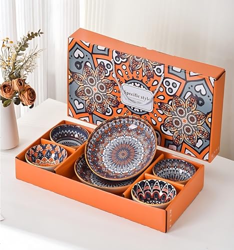 Ceramic Dinnerware Plates and Bowls Sets, Porcelain Round Colorful Dinner Set, Microwave and Dishwasher Safe | Gift Box (Bohemian Style, Pack of 6)