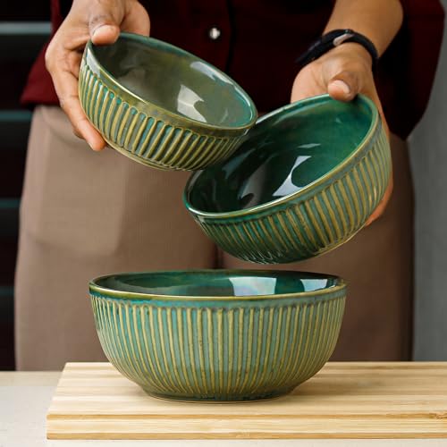 Glam Green Ceramic Bowl Set - Set of 3 | Includes 850 ML, 500 ML, 250 ML Bowls