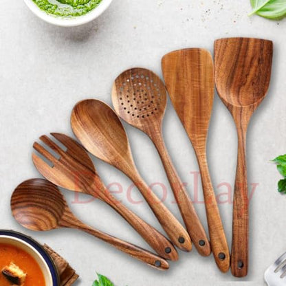 Wooden kitchenware spoon set for cooking (6 spoons, 1 jar)