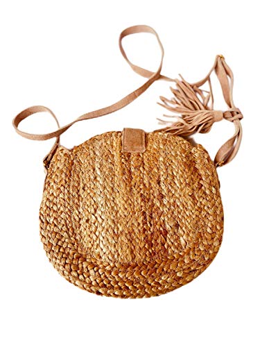 Women's Jute Round Sling Bag, Leather Closure