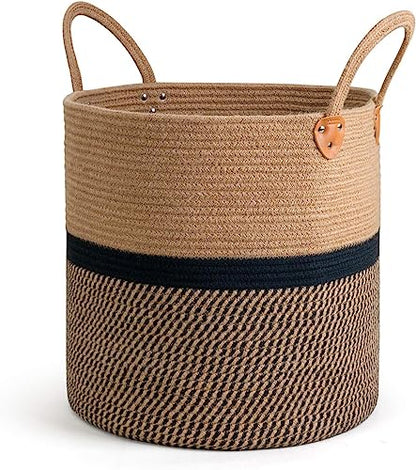 Jute Cotton Laundry Basket, 16 inch Handcrafted Storage Bag for Home, Multi-Purpose Storage with Handle for Living Room Bathroom Laundry & Toys