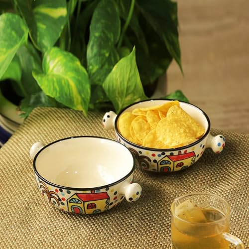 Hand-Painted Ceramic Bowls (Multicolour, 260ml) - Set of 2
