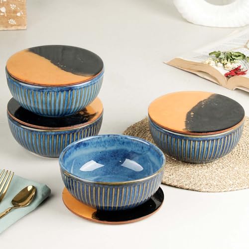 Glam Blue Snack Bowl with Coasters | Dishwasher & Microwave Safe | Mixing Bowl for Snacks, Rice, Dal, Fruits, Salad | 500ml Set of 4