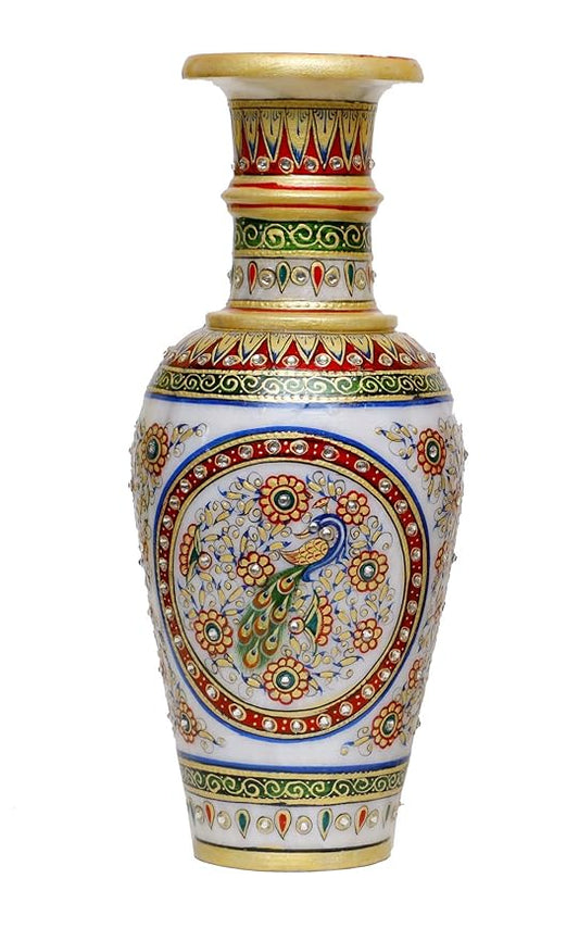 Decorative Marble Flower Vase | Round Shape Beautiful Peacock Style Handpainted Work Showpiece Vases for Home Decoration (Multicolor, 12.5x12.5x30 cm) 12 Inch