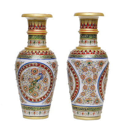 Decorative Marble Flower Vase | Round Shape Beautiful Peacock Style Handpainted Work Showpiece Vases for Home Decoration (Multicolor, 12.5x12.5x30 cm) 12 Inch