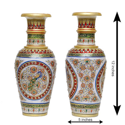 Decorative Marble Flower Vase | Round Shape Beautiful Peacock Style Handpainted Work Showpiece Vases for Home Decoration (Multicolor, 12.5x12.5x30 cm) 12 Inch