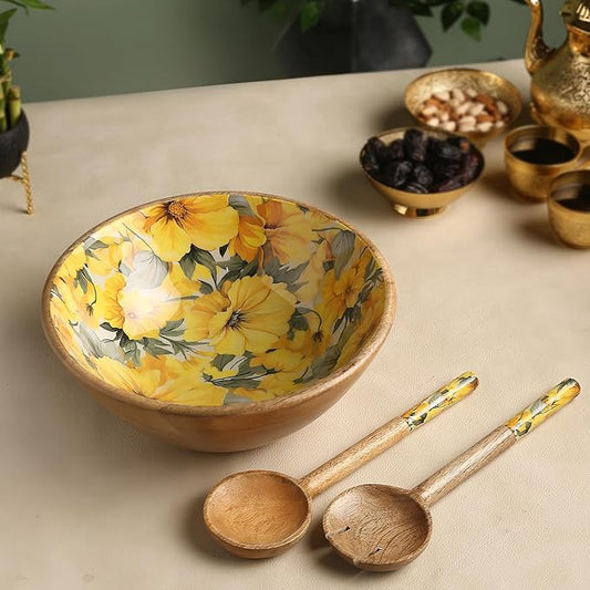 Premium Wooden Serving Bowl with Spoons -Botanical Pattern,Fruit Bowl, Salad Bowl(12x4.5 Inch)