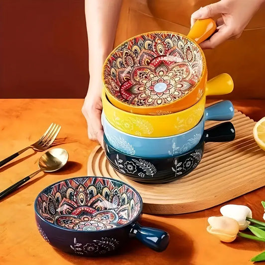 Ceramic Serving Mandala Snack Bowl with Handle (700ml, Pack of 1, Orange)