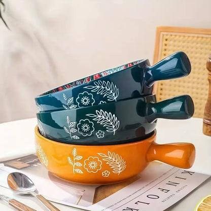 Ceramic Serving Mandala Snack Bowl with Handle (700ml, Pack of 1, Orange)