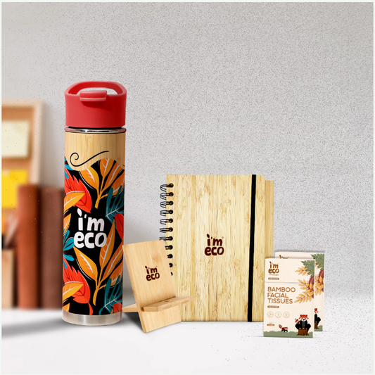 Bamboo Office Desk Essentials - Bamboo Thermos Bottle | Eco-Friendly Diary | Pocket Tissue (2 Pack) | Mobile Stand