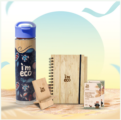 Bamboo Office Desk Essentials - Bamboo Thermos Bottle | Eco-Friendly Diary | Pocket Tissue (2 Pack) | Mobile Stand