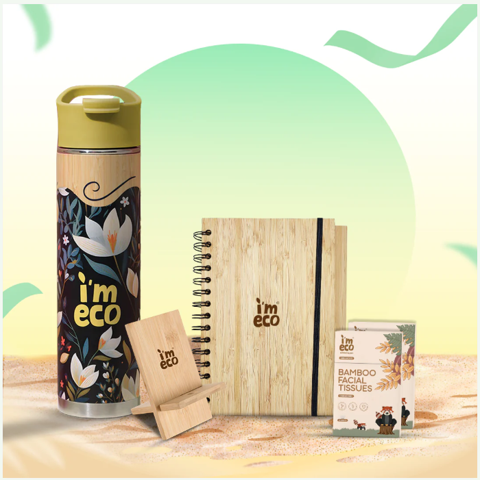 Bamboo Office Desk Essentials - Bamboo Thermos Bottle | Eco-Friendly Diary | Pocket Tissue (2 Pack) | Mobile Stand