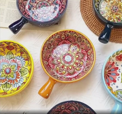 Ceramic Serving Mandala Snack Bowl with Handle (700ml, Pack of 1, Orange)