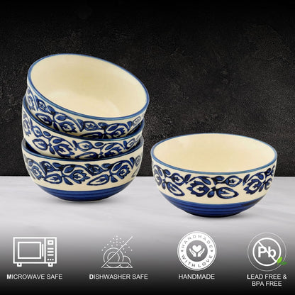 Hand-Painted Floral Glossy Blue & White Ceramic Bowl Set of 4 (150ml)