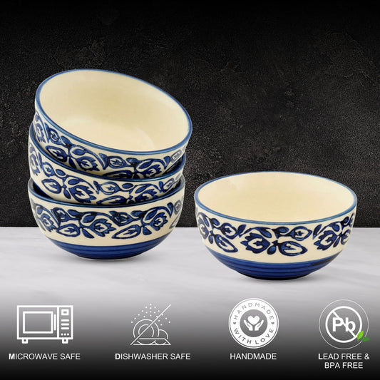 Hand-Painted Floral Glossy Blue & White Ceramic Bowl Set of 4 (150ml)