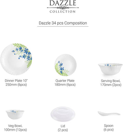 cello Pack of 34 Opalware Dazzle Series Blue Primrose Dinner Set  (Green, Blue, Microwave Safe)