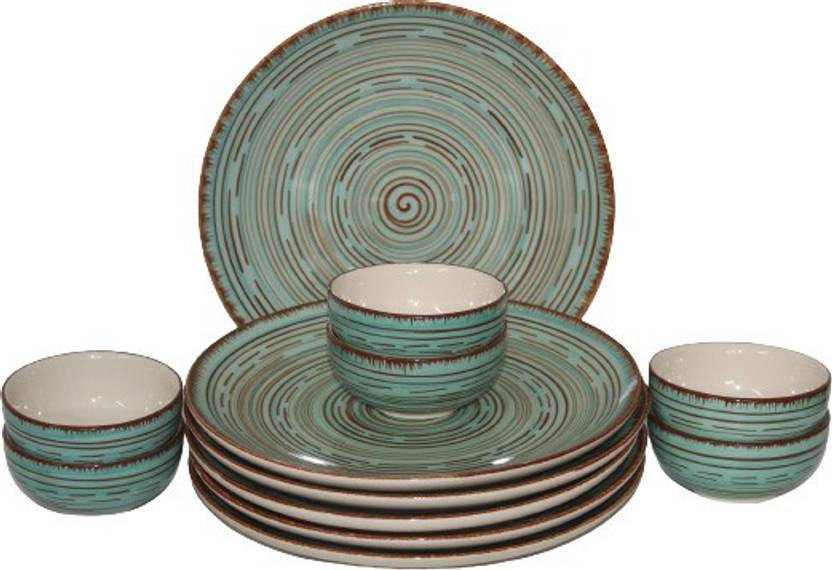 Pack of 12 Ceramic Hand Made Pasco Design 6 Dinner Plate, 6 Bowl Microwave & Dishwasher Safe Dinner Set  (Green, Brown, Microwave Safe)