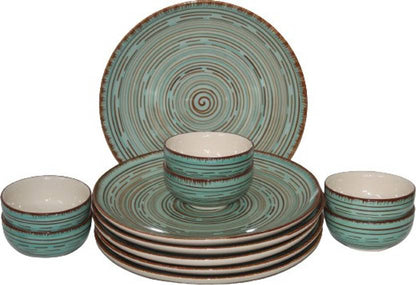 Pack of 12 Ceramic Hand Made Pasco Design 6 Dinner Plate, 6 Bowl Microwave & Dishwasher Safe Dinner Set  (Green, Brown, Microwave Safe)